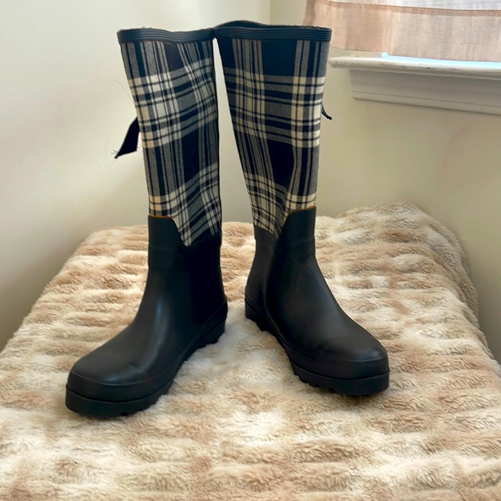 J. Crew black with plaid upper rain boots